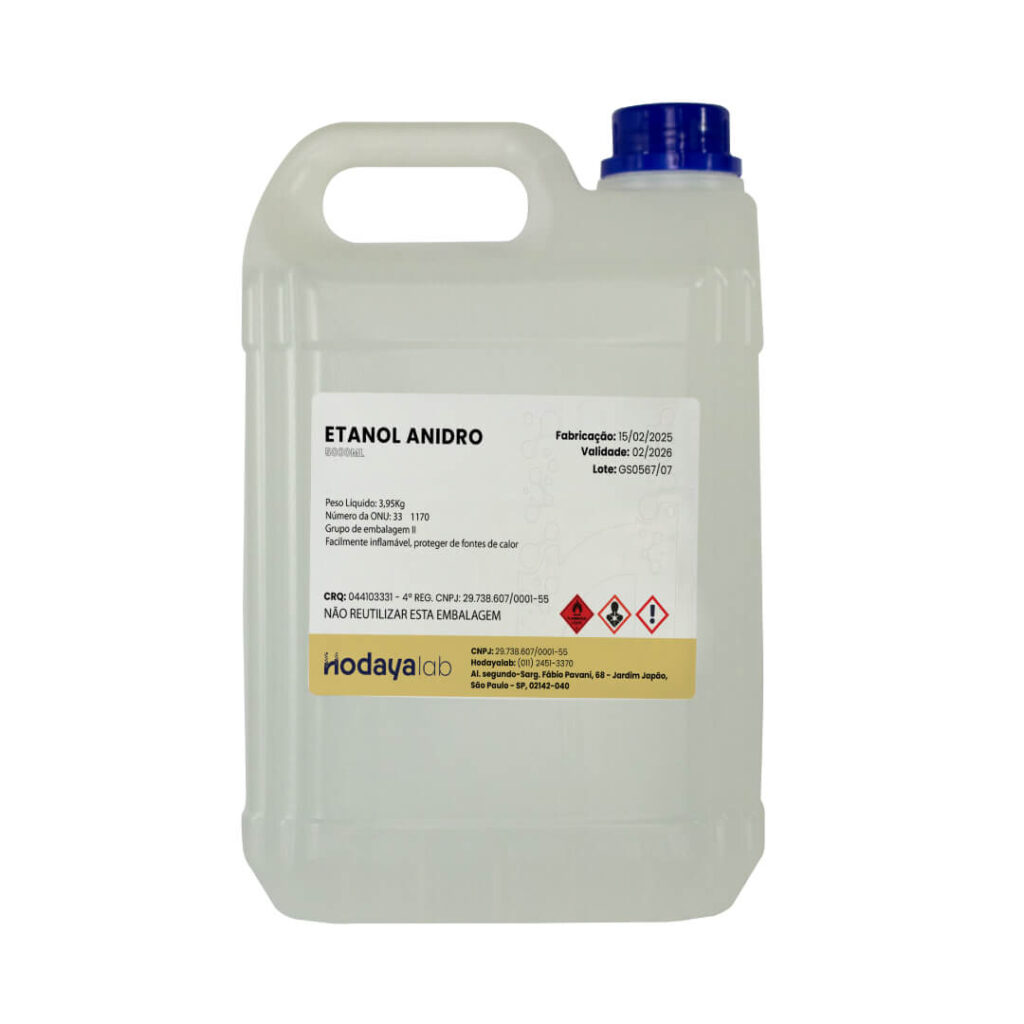 Frasco de álcool etílico 96% 5 litros Hodayalab para laboratório