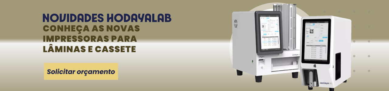 Banner de lançamento das impressoras laboratoriais IL26 (lâminas) e IC26 (cassetes) da Hodayalab, destacando a tecnologia de impressão Laser UV.