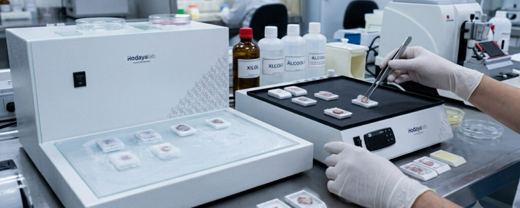Close-up de um histotécnico utilizando uma Placa Refrigerada Hodayalab para resfriar blocos de parafina em um laboratório de patologia anatômica.