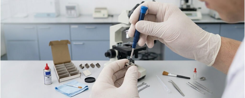 Técnico realizando manutenção preventiva em equipamento de laboratório de histologia