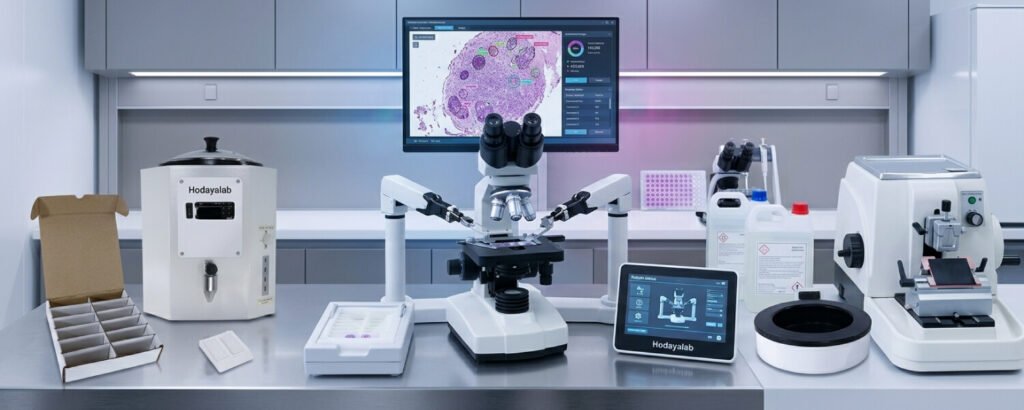 Patologista analisando lâmina digitalizada em tela de computador em laboratório