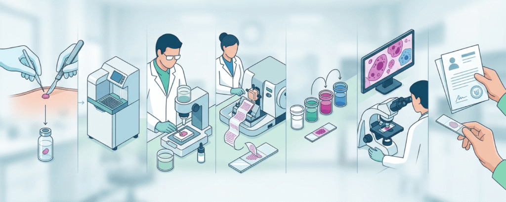 Técnico de laboratório realizando corte de tecido em micrótomo durante processamento histológico